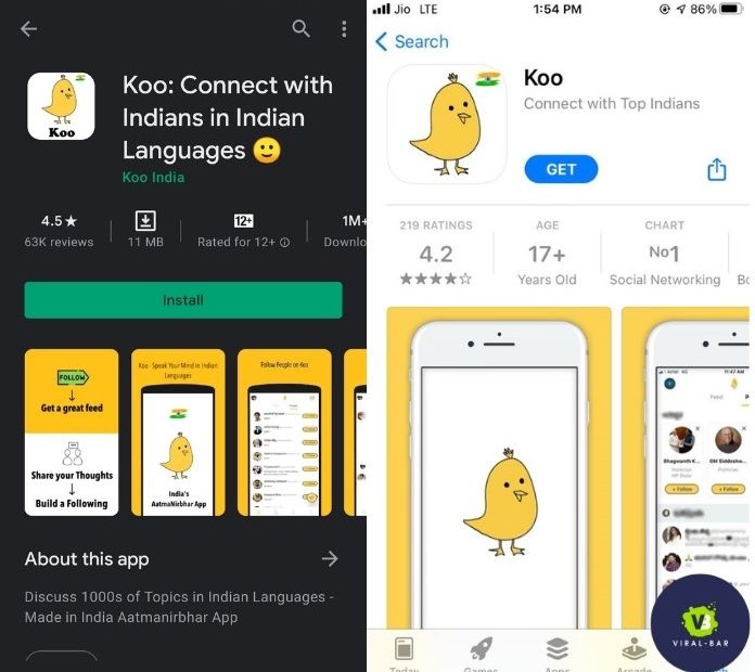 Screen of the Koo app from Google play store and app store.